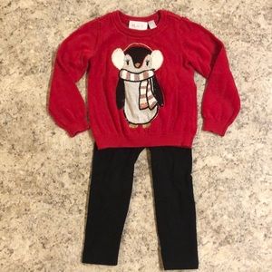 Children’s Place Red Penguin Christmas sweater and leggings set 2T girls
